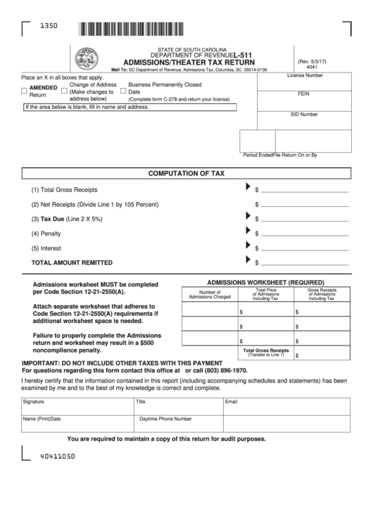 Form L-511 - Admissions/theater Tax Return - South Carolina Department Of Revenue Printable pdf