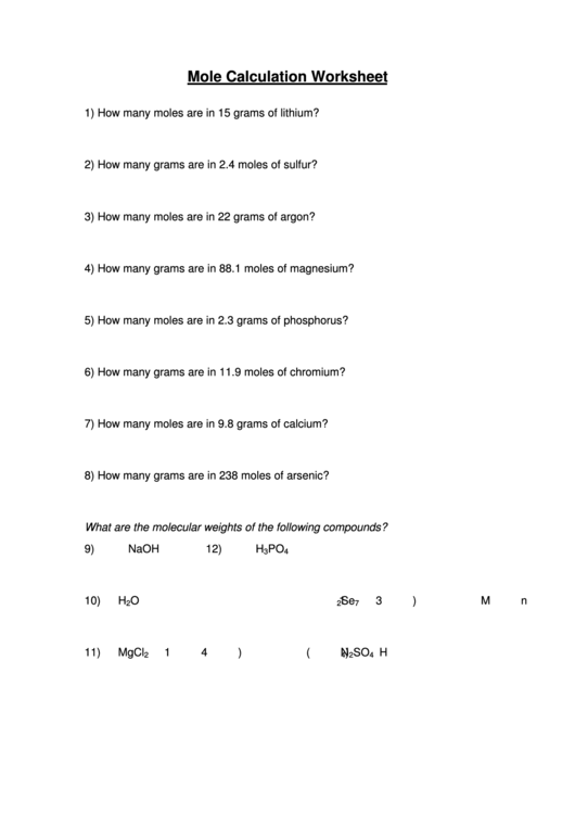 Mole Calculation Worksheet With Answers Printable pdf