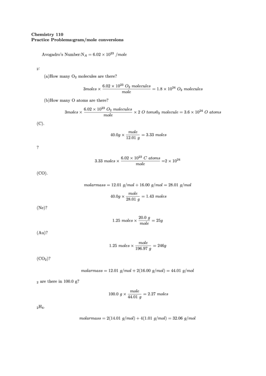 Gram/mole Conversions Worksheet With Answers Printable pdf
