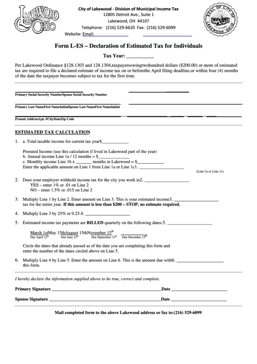 Form L-Es - Declaration Of Estimated Tax For Individuals - City Of Lakewood Printable pdf