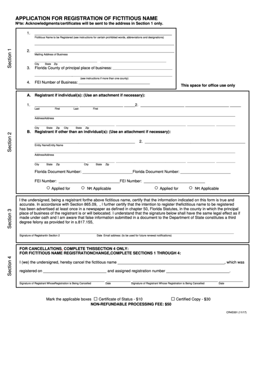 Fillable Form Cr4e001 - Application For Registration Of Fictitious Name - 2017 Printable pdf