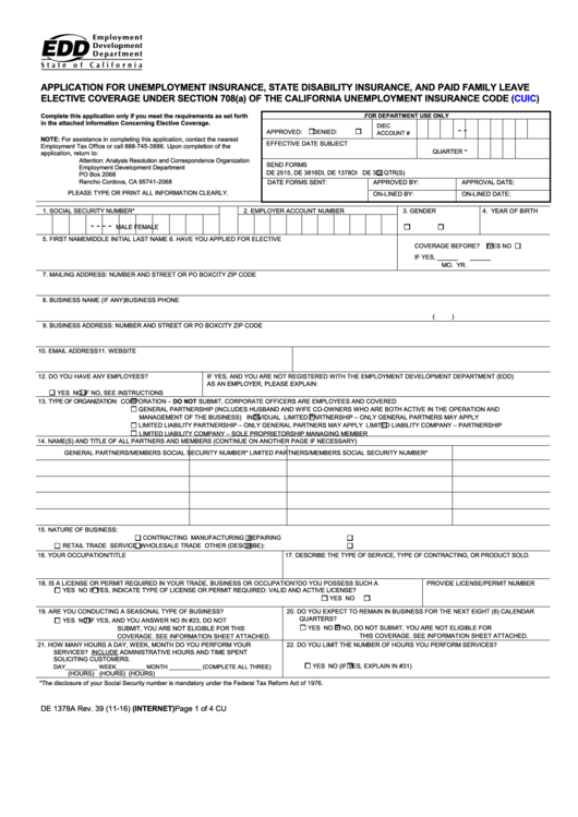 Fillable Form De 1378a - Application For Unemployment Insurance, State Disability Insurance, And Paid Family Leave Elective Coverage - 2016 Printable pdf
