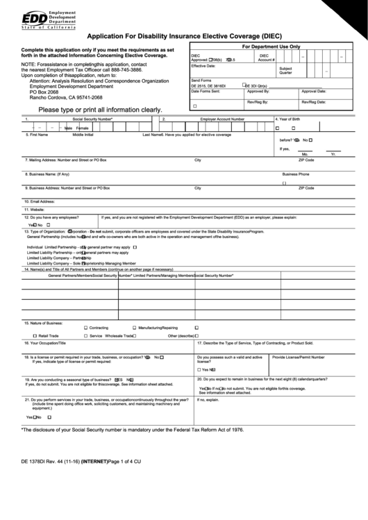Fillable Form De 1378di - Application For Disability Insurance Elective Coverage (Diec) - California Edd - 2016 Printable pdf