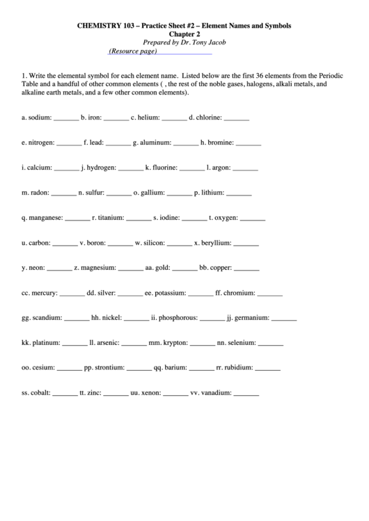 Element Names And Symbols Worksheet With Answers Printable pdf