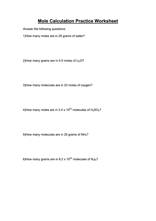 Mole Calculation Practice Worksheet With Answers Printable pdf