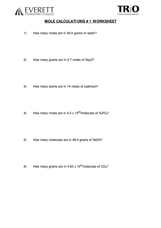 Mole Calculations Worksheet With Answers Printable pdf