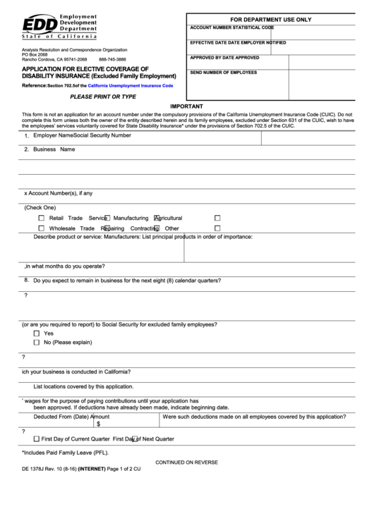 Fillable Form De 1378j - Application For Elective Coverage Of Disability Insurance (Excluded Family Employment) - California Edd Printable pdf