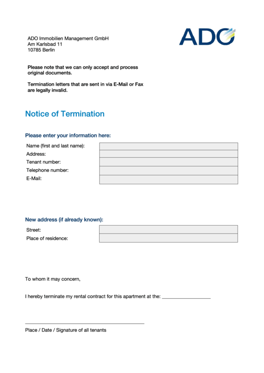 Fillable Notice Of Termination Form Printable pdf