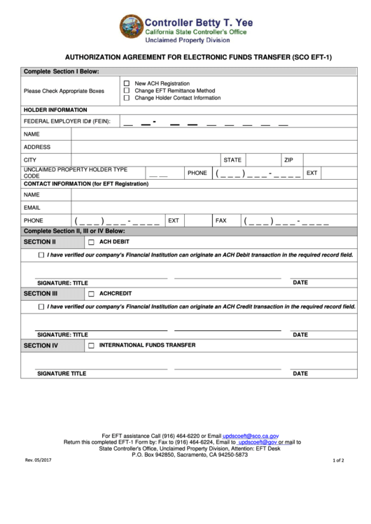 Fillable Form Sco Eft-1 - Authorization Agreement For Electronic Funds Transfer - 2017 Printable pdf