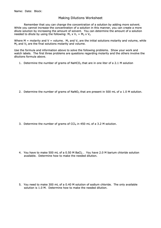 Making Dilutions Worksheet Printable pdf