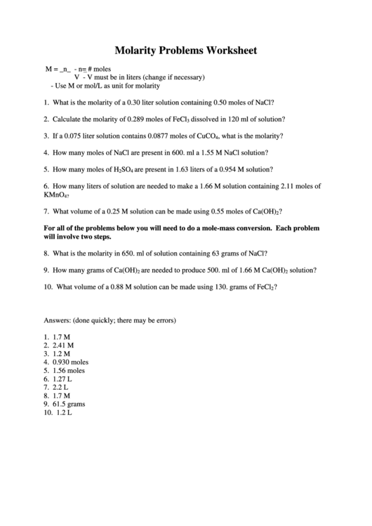 Molarity Problems Worksheet With Answers Printable pdf