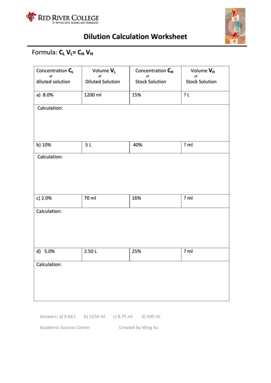 Dilution Calculation Worksheet With Answers