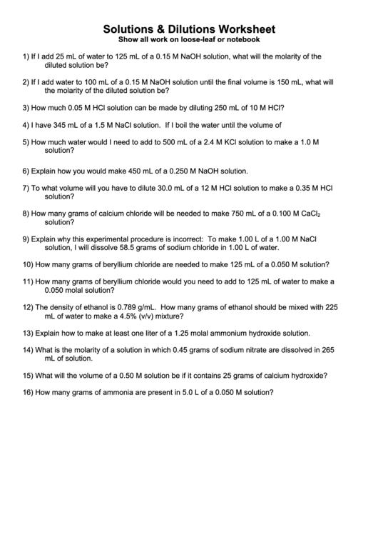 Solutions Dilutions Worksheet printable pdf download Solutions Dilutions Worksheet printable pdf download