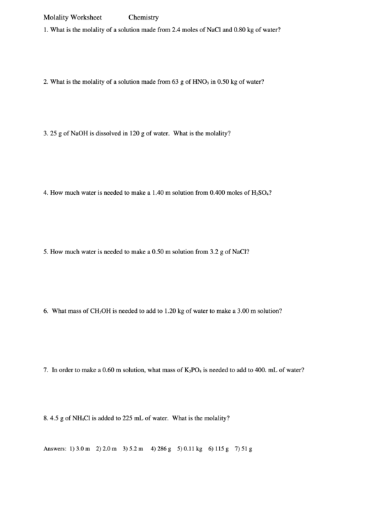 Molality Worksheet With Answers Printable pdf