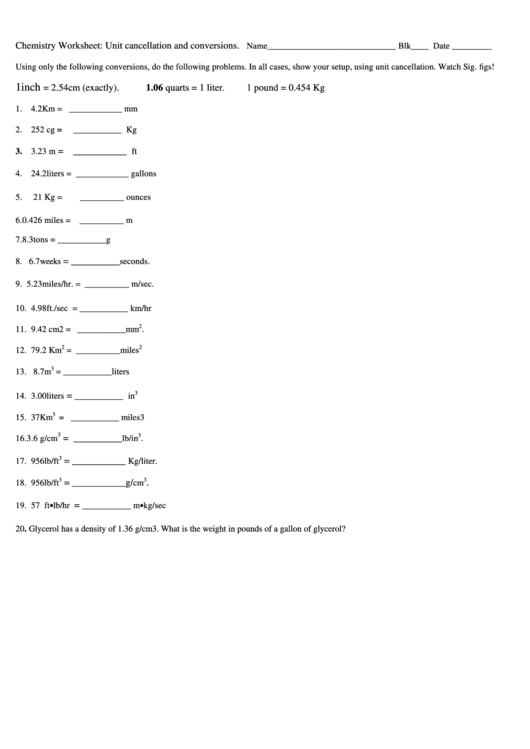 Unit Cancellation And Conversions Worksheet Printable pdf
