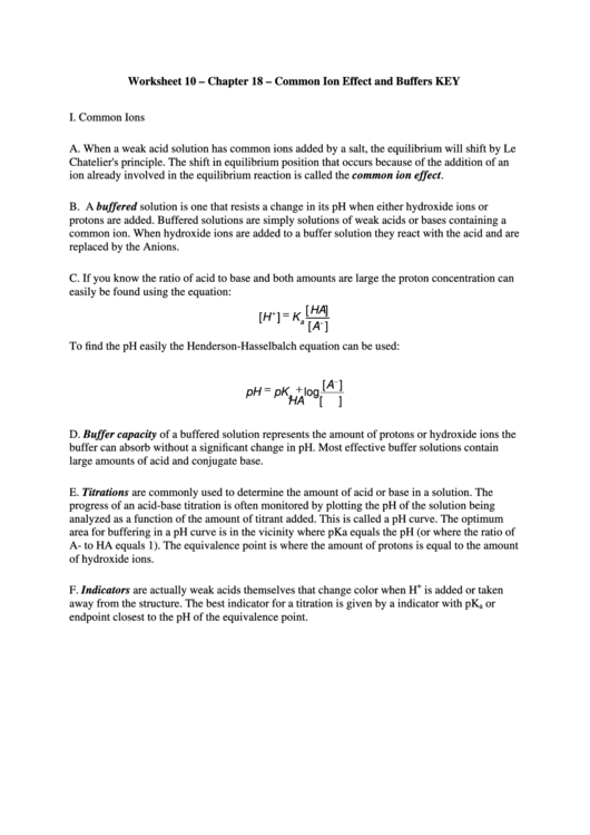 Common Ion Effect And Buffers Worksheet With Answers Printable pdf