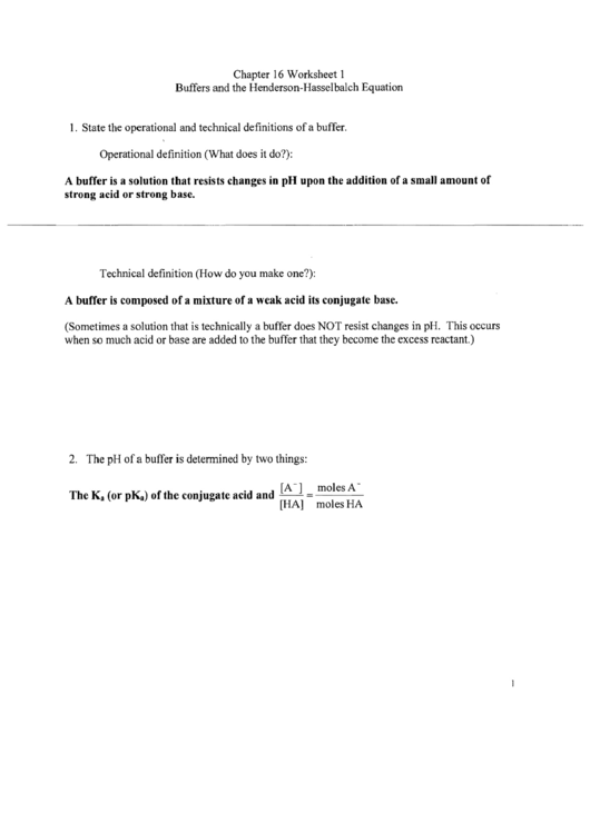 Buffer And Henderson-Hasselbalch Equation Worksheet With Answers Printable pdf