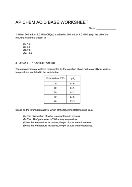 Ap Chem Acid Base Worksheet Printable pdf