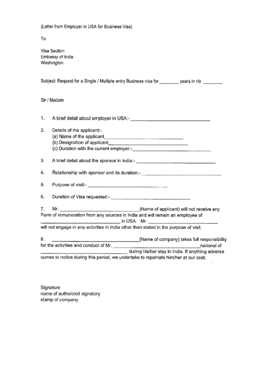 Letter From Employer In Usa For Business Visa Printable pdf