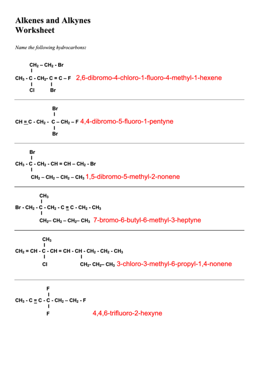 Alkenes And Alkynes Worksheet With Answers Printable pdf