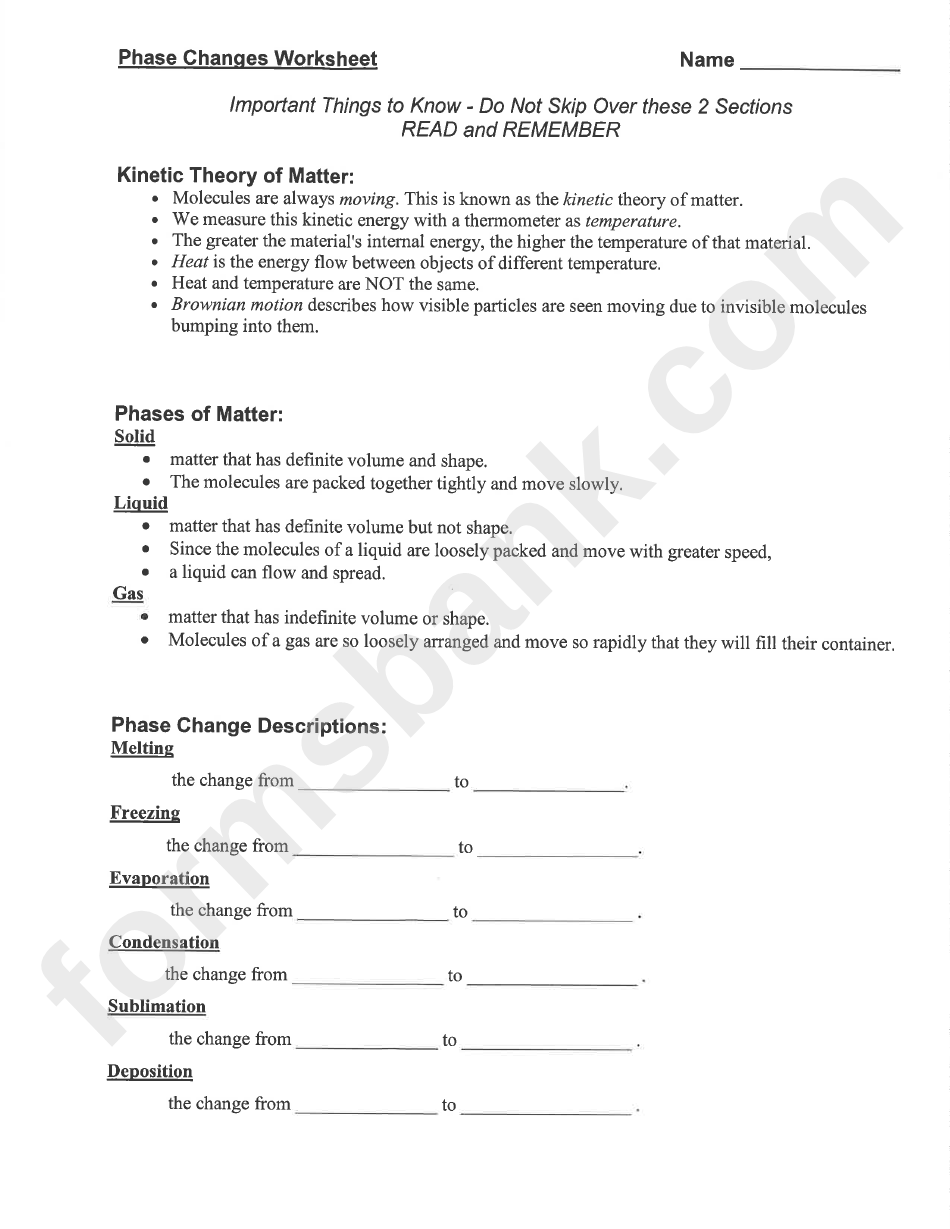 Phase Changes Worksheet