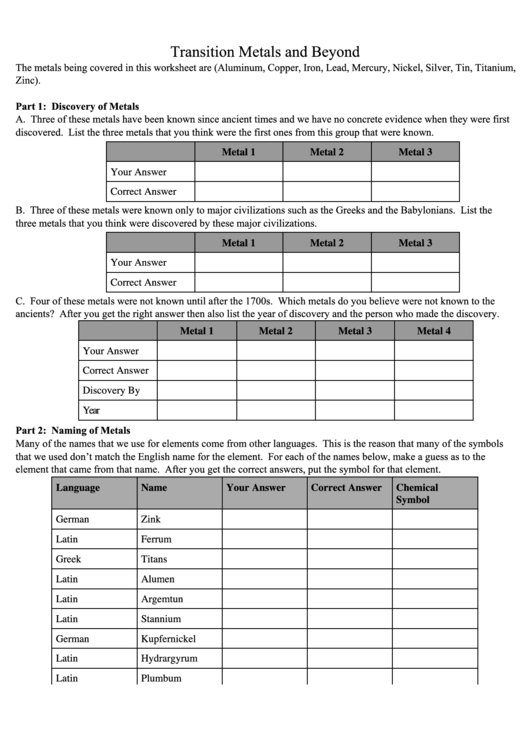 Transition Metals And Beyond Worksheet Printable pdf
