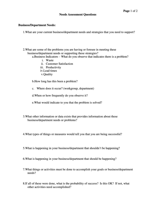 Needs Assessment Questions Template Printable pdf