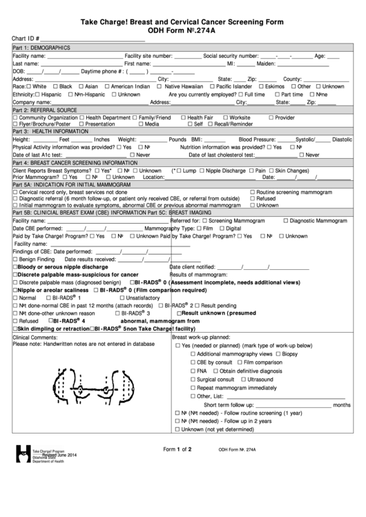 Form 274a - Take Charge! Breast And Cervical Cancer Screening Form
