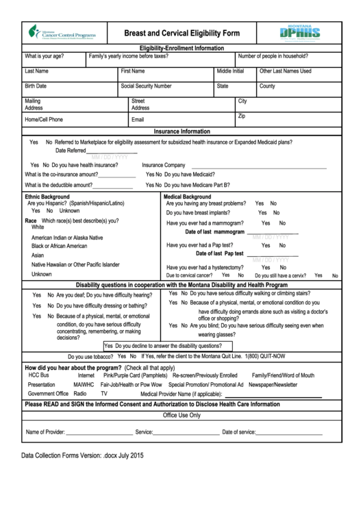 Fillable Breast And Cervical Eligibility Form - The Montana Cancer Control Programs Printable pdf