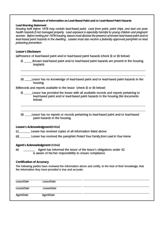 Disclosure Of Information On Lead-Based Paint And/or Lead-Based Paint Hazards Printable pdf