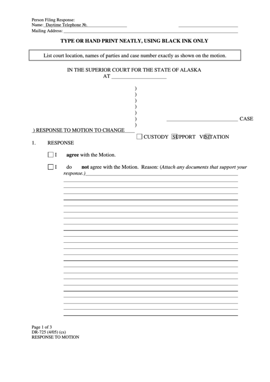 Fillable Form Dr-725 - Response To Motion Printable pdf