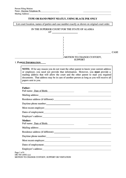 Fillable Form Dr-705 - Motion To Change Custody, Support Or Visitation Printable pdf
