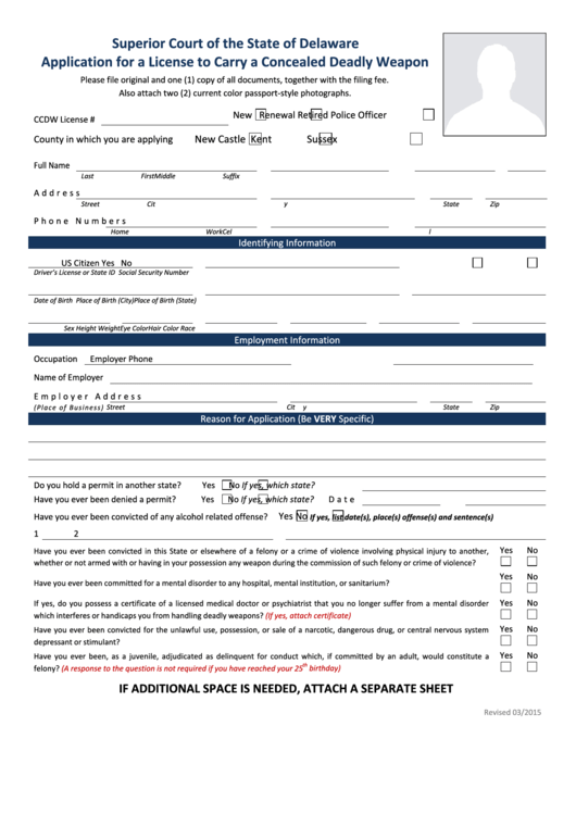 Fillable Application For A License To Carry A Concealed Deadly Weapon - Superior Court Of The State Of Delaware Printable pdf