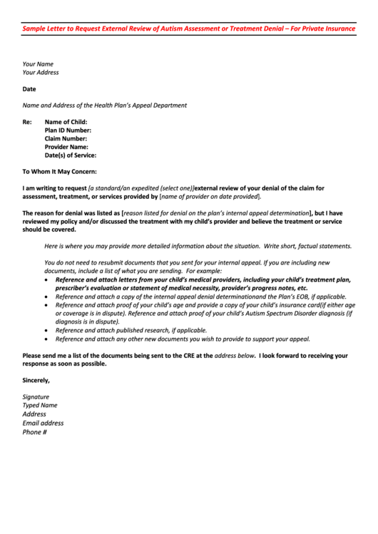 Sample Letter To Request External Review Of Autism Assessment Or Treatment Denial Printable pdf