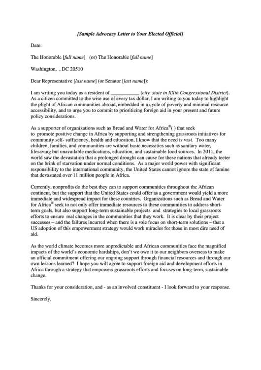 Sample Advocacy Letter To Your Elected Official Printable pdf