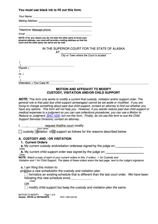 Form Shc-1500 - Motion And Affidavit To Modify Custody, Visitation And/or Child Support