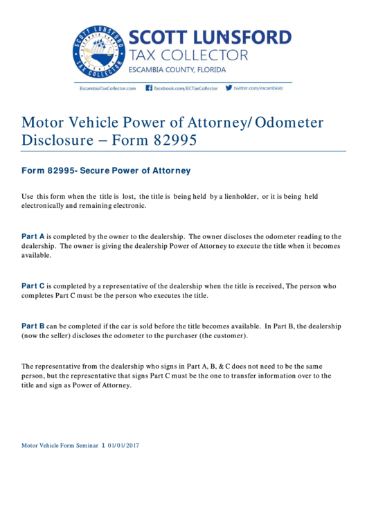 Form 82995 - Motor Vehicle Power Of Attorney/odometer Disclosure Instructions Printable pdf