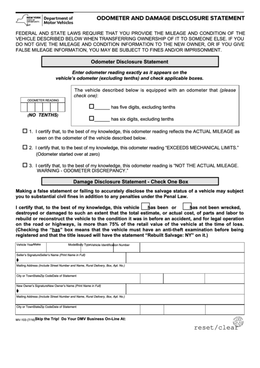 Fillable Form Mv-103 - Odomentr And Damage Disclosure Statement Printable pdf