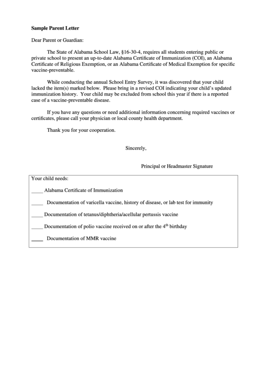 Sample Parent Letter Printable pdf