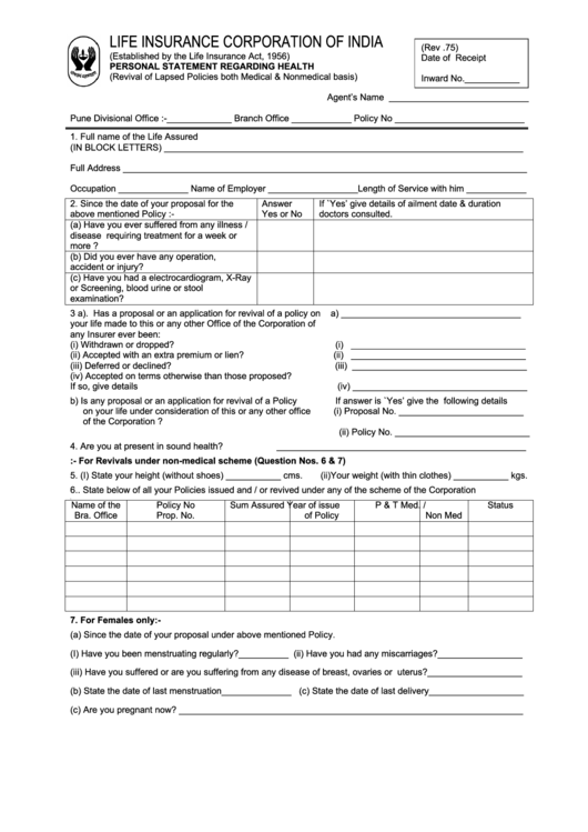 Form 680/683 - Revival Of Lapsed Policies Both Medical And Nonmedical Basis - Life Insurance Corporation Of India Printable pdf