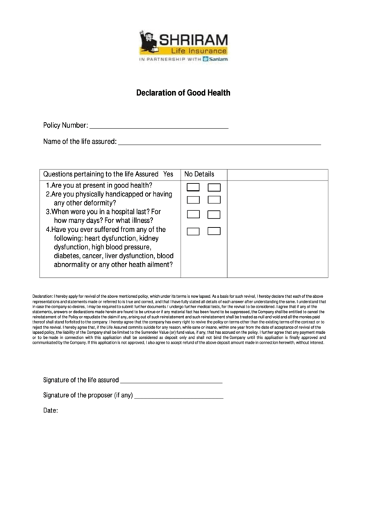 Declaration Of Good Health Form Printable pdf