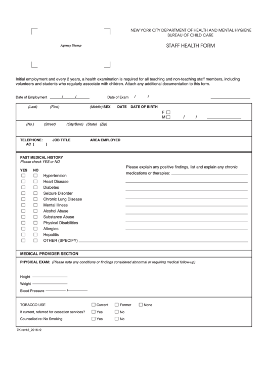 Form 7k - Staff Health Form Printable pdf