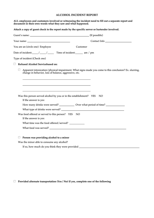 Alcohol Incident Report Form