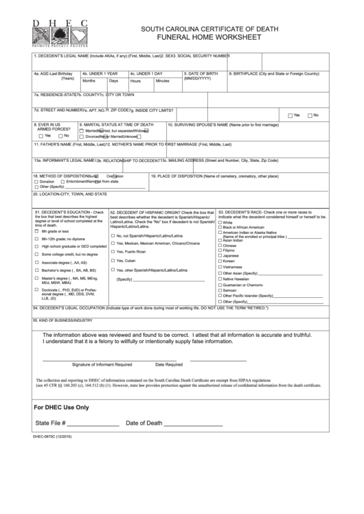 Fillable Form Dhec-0670c - South Carolina Certificate Of Death - Funeral Home Worksheet Printable pdf