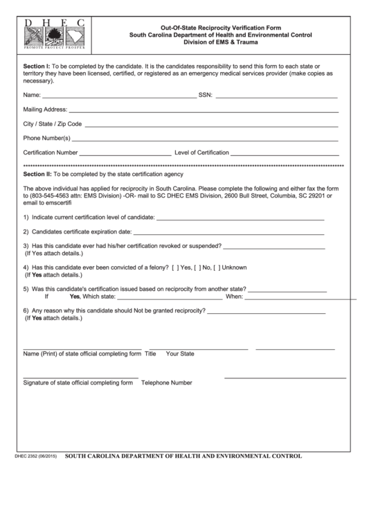 Fillable Form Dhec 2352 - Out-Of-State Reciprocity Verification Form Printable pdf