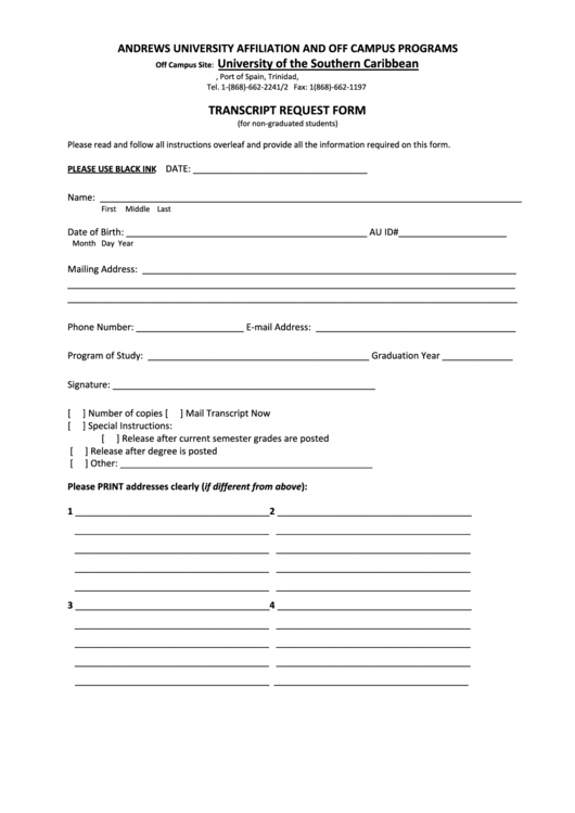 Transcript Request Form (For Current Students On The Affiliated Program) - University Of The Southern Caribbean Printable pdf