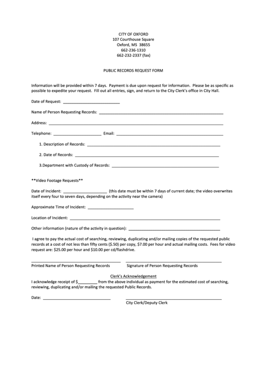 Fillable Public Records Request Form City Of Oxford Printable Pdf Download 0710