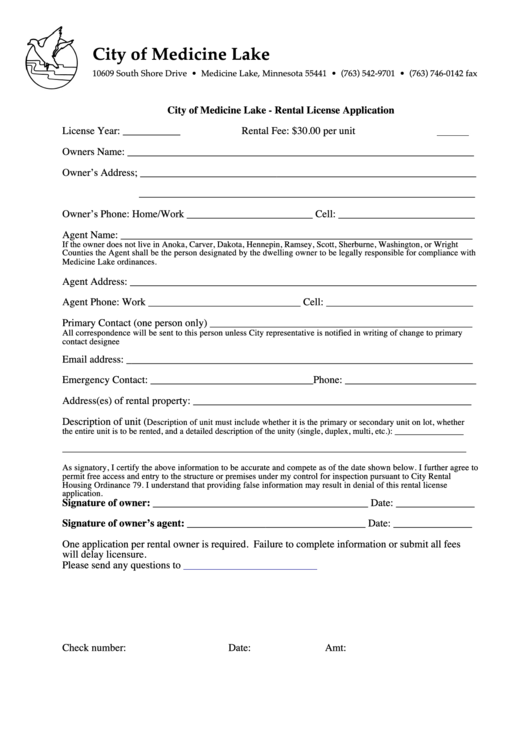 Fillable Rental License Application - City Of Medicine Lake Printable pdf