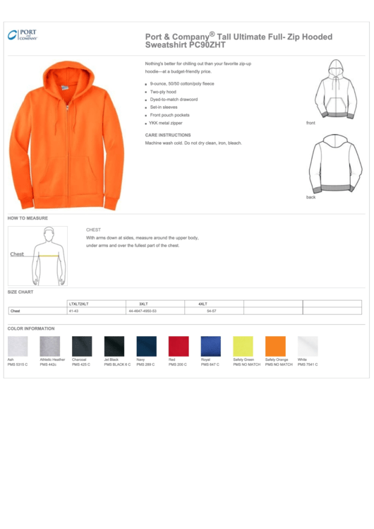 Port & Company - Tall Ultimate Full-Zip Hooded Sweatshirt - Pc90zht Size Chart Printable pdf