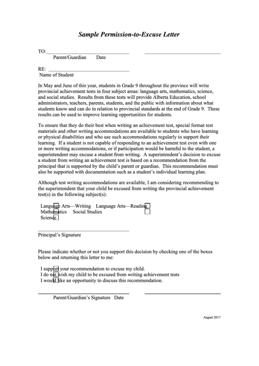 Sample Permission-To-Excuse Letter Template Printable pdf